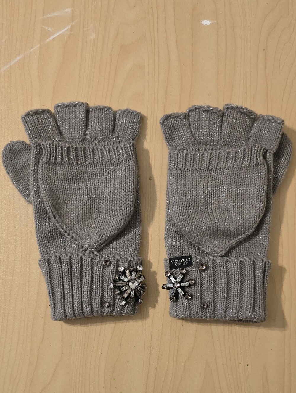 Victoria's Secret Gray Knit Flip-Top Fingerless Mittens with Crystal Accent